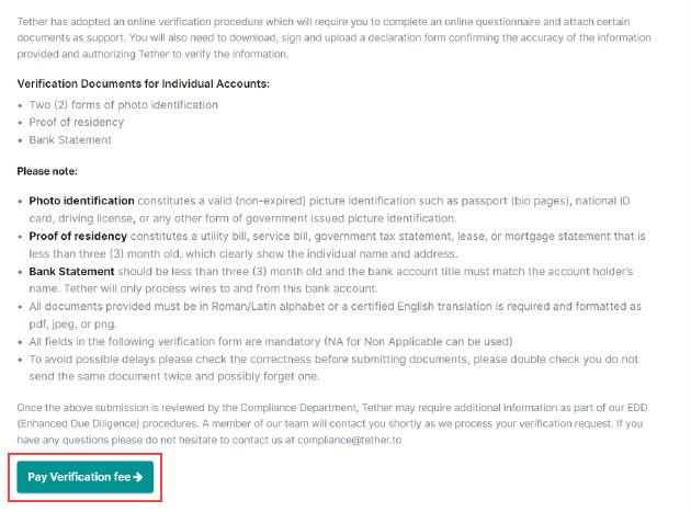 verification fee usdt account