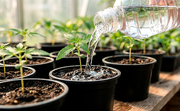 Agua de lluvia regar plantas de marihuana con agua mineral